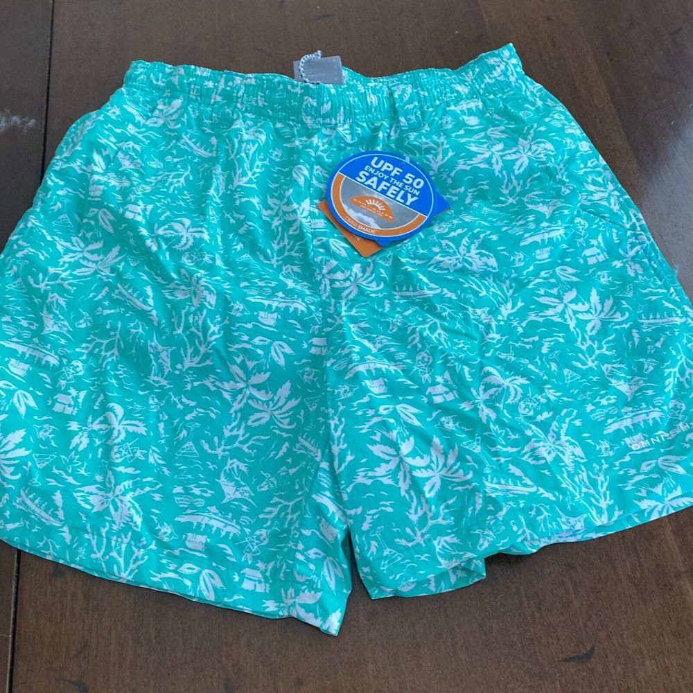 Columbia PFG Omni-Shade Fishing Shorts Small Mens Aqua Tropical Nylon Drawstring